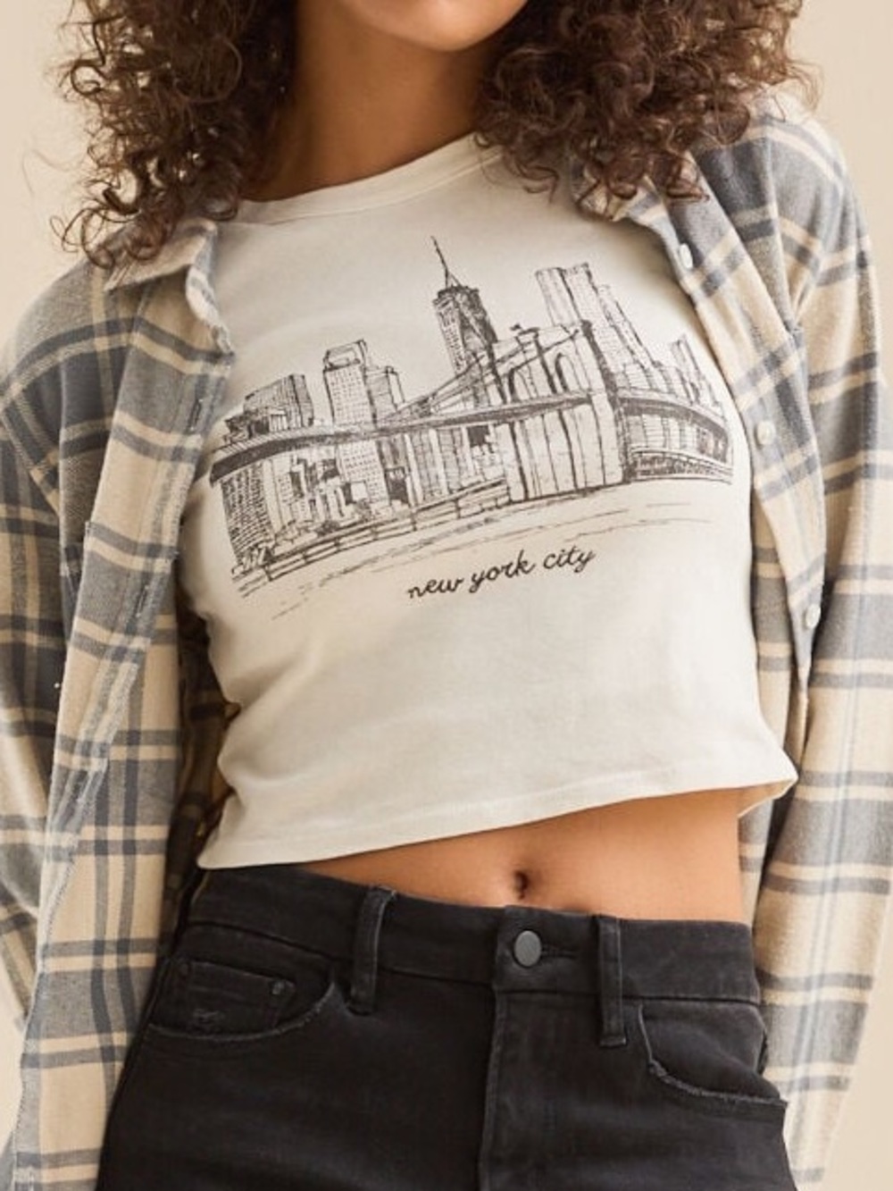 Altar’d State Beige New York City Skyline Baby Tee Size Small